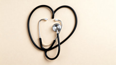 Stethoscope in the shape of a heart on a beige backgroundの素材