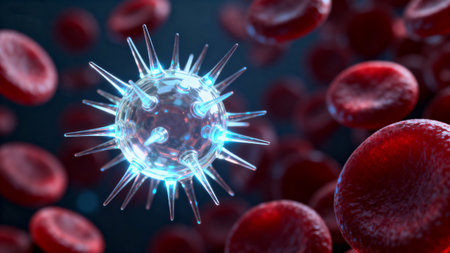 Virus in blood cells. 3D illustration. Coronavirus conceptの素材