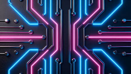 Circuit board with blue and pink neon lights. 3d renderingの素材