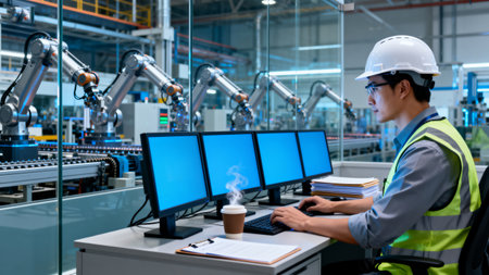 Smart factory worker using computer to control robotic arms in factory. Concept of artificial intelligence for industrial revolution and automation manufacturing process.の素材