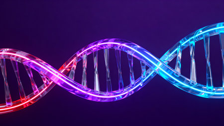 DNA strand in blue light on a dark background. 3d renderingの素材
