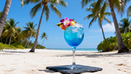 Blue lagoon cocktail on tropical sand beach with palm trees and flowersの素材