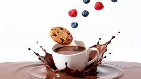 Cup of coffee with chocolate splash and falling cookies on white backgroundの素材