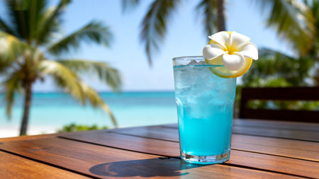 Blue lagoon cocktail on wooden table with palm trees and sea backgroundの素材