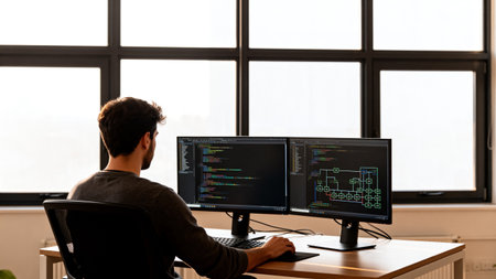 Programmer working on a computer in a software developing company office.の素材