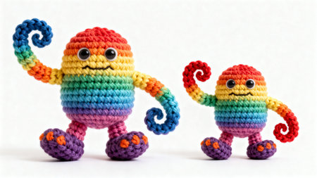 Handmade crochet crocheted monsters isolated on a white background.の素材