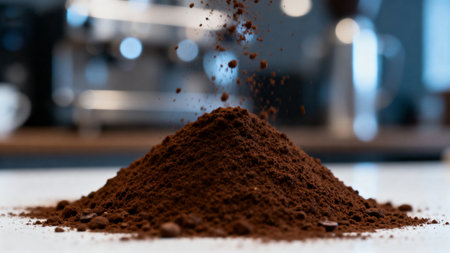Coffee powder splashing out of a coffee machine on a tableの素材