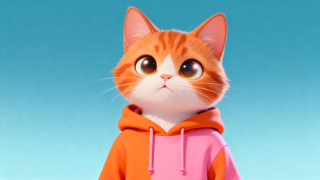 Cute red cat wearing a pink hoodie on blue background.の素材