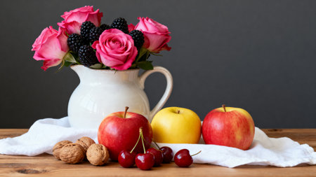 Bouquet of fresh flowers in a jug with apples and berriesの素材