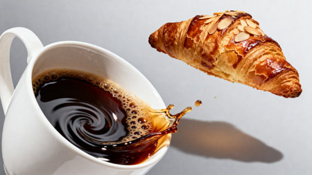 Cup of coffee with croissant on the gray background.の素材