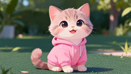 Cute cat in pink clothes sitting on the grass in the gardenの素材