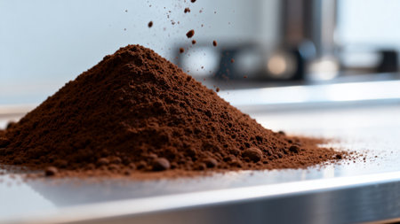 close up of a pile of ground coffee on a stainless steel standの素材