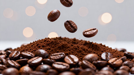 Coffee beans falling into ground coffee on bokeh backgroundの素材