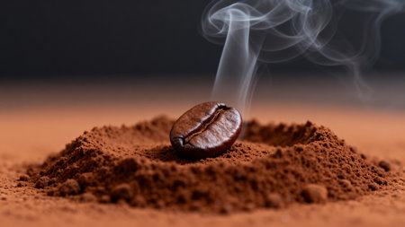 Coffee beans and ground coffee with smoke on black background.の素材