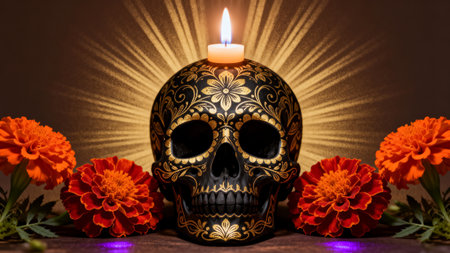 Day of The Dead Skull with burning candle and flowers on dark backgroundの素材