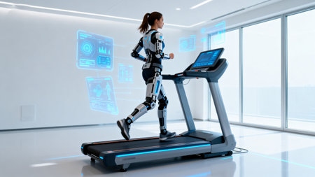 Woman running on a treadmill in a modern interior. 3d renderingの素材