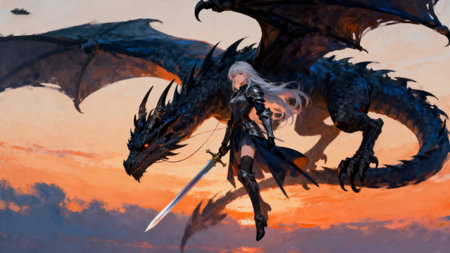 Fantasy scene of a fantasy dragon with a sword in the skyの素材