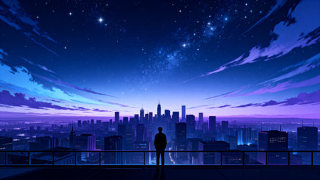 Silhouette of man looking at night cityscape with starry skyの素材