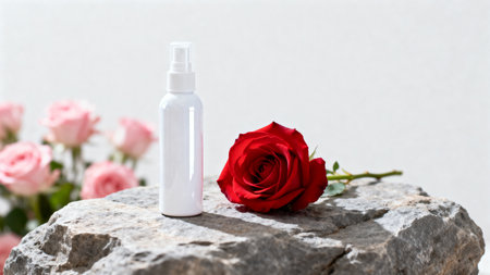 Spray bottle with a red rose on a stone against a background of pink rosesの素材
