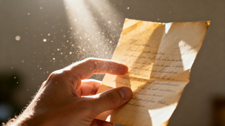 Hand holding a letter in the rays of the sun, close-upの素材