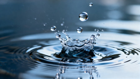 Waterdrop. Splash effect after collision a falling drops with water Surfaceの素材