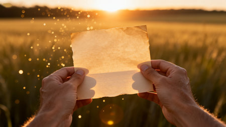 Hands holding blank paper sheet in wheat field at sunset, closeupの素材