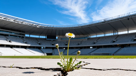 White daisy flower growing through crack in the ground of a stadiumの素材