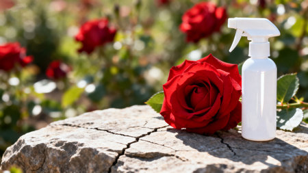 Spray bottle with a red rose on a background of green grassの素材
