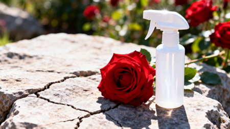 Spray bottle with a red rose on a stone in the gardenの素材