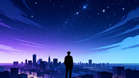 Silhouette of businessman looking at night city and starry skyの素材