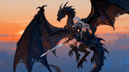 3D Illustration of a fantasy dragon with a sword at sunsetの素材