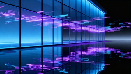 3d rendering of abstract futuristic background with neon lights and reflection.の素材