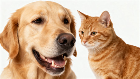 Golden Retriever dog and cat on a white background. Studio shot.の素材
