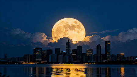 Full moon over the city at night with reflection in the water.の素材