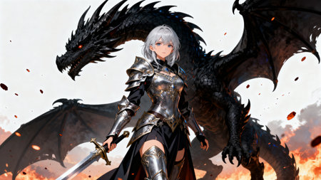 3d illustration of a female knight with a sword in the fireの素材