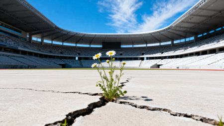 Empty stadium with white daisies growing out of crack in the groundの素材