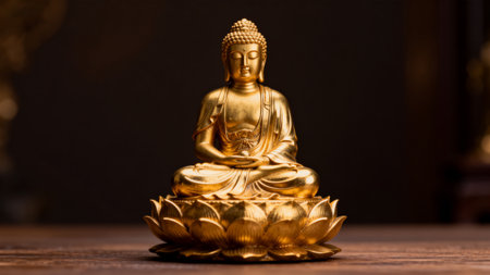 golden buddha statue on wooden table with dark background.の素材