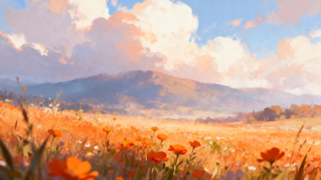 Beautiful meadow with poppies and mountains in the backgroundの素材