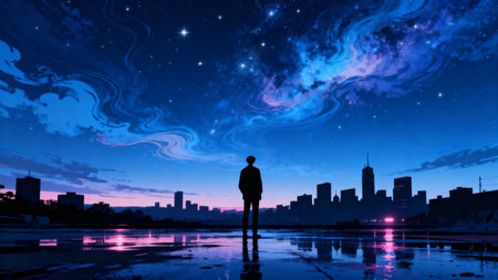 Silhouette of a man looking at the milky way over the cityの素材
