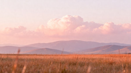 Landscape of grassland and mountains in the background at sunset.の素材