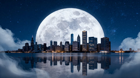 New York City Manhattan skyline at night with full moon and reflection in waterの素材