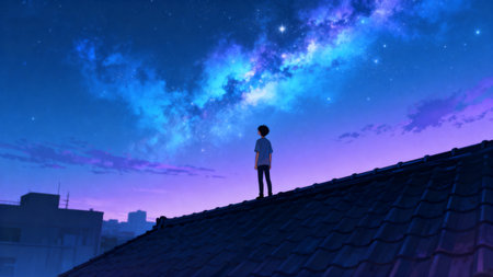 Silhouette of a man standing on the roof and looking at the milky wayの素材