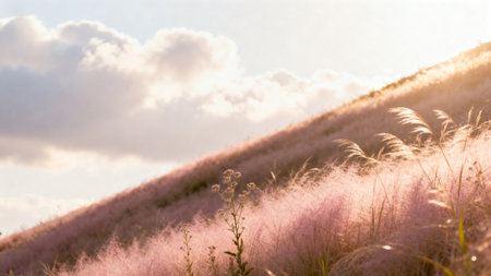 panoramic view of pink meadow with fluffy grass in sunsetの素材