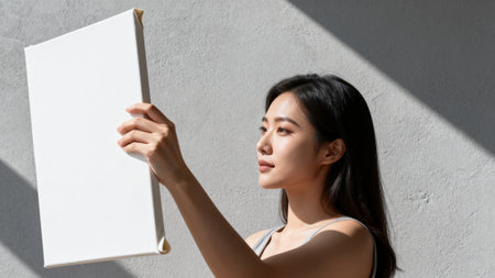 young asian woman holding blank white board on gray background with shadowの素材