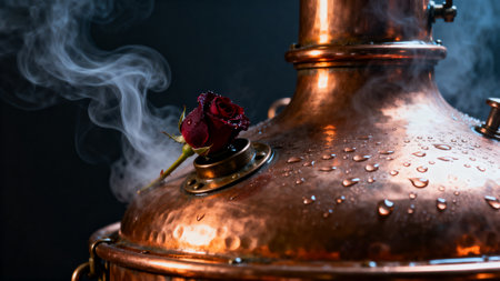 Old copper boiler with a rose and steam on a black background.の素材