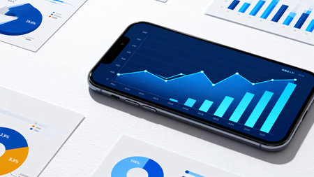 Modern smartphone with financial charts and graphs on the screen. 3d renderingの素材