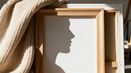 Silhouette of a girl in a knitted sweater on a wooden frameの素材