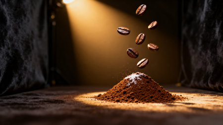 Coffee beans falling into a pile of ground coffee on a dark backgroundの素材