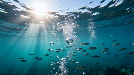 Underwater view of coral reef with fishes and rays of the sunの素材