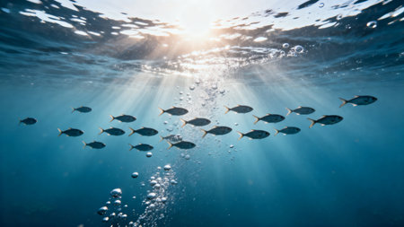 Underwater view of a school of fish swimming in the sea.の素材